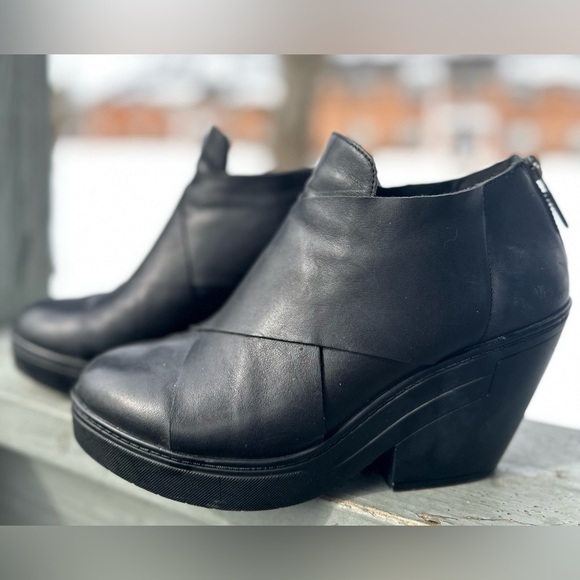 Eileen Fisher | Shoes | Eileen Fisher Luv Ankle Bootie Wedge  EILEEN FISHER 7.5 Black Cosmos 100% Leather Platform Wrap Around Wedge Bootie
